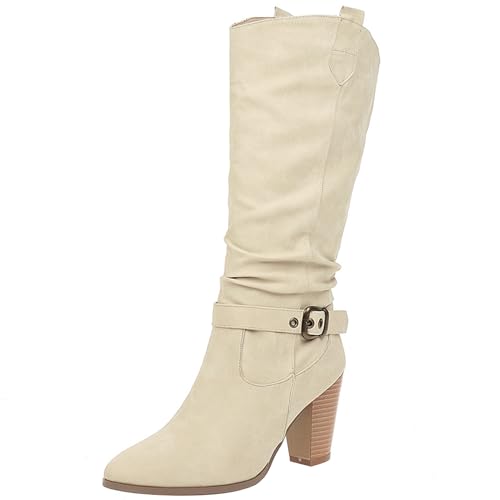 Lizoleor Blockabsatz Pleated Pointed Toe Damen Cowboystiefel Höhe Ferse Ohne Verschluss Schnalle Long Riding Westernstiefel Beige Gr 38 EU/39Cn von Lizoleor