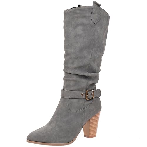 Lizoleor Blockabsatz Pleated Pointed Toe Damen Cowboystiefel Höhe Ferse Ohne Verschluss Schnalle Long Riding Westernstiefel Grau Gr 41 EU/43Cn Lizoleor Blockabsatz Pleated Pointed Toe Damen Cowboystiefel Höhe Ferse Ohne Verschluss Schnalle Long Riding Westernstiefel Grau Gr 41 EU/43Cn von Lizoleor