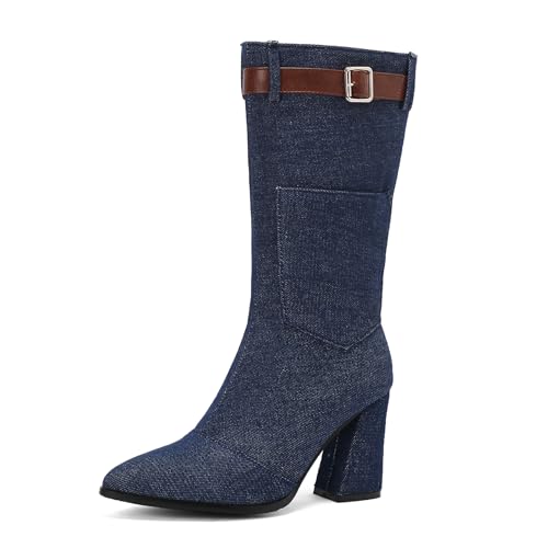 Lizoleor Blockabsatz Pointed Toe Side Reißverschluss Damen Denim Stiefel Concise Höhe Ferse Schnalle Herbst Winter Anzugstiefel Dark-Blau Gr 35 EU von Lizoleor