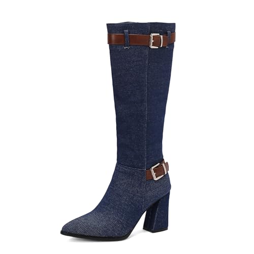 Lizoleor Blockabsatz Pointed Toe Side Reißverschluss Damen Denim Stiefel Concise Höhe Ferse Schnalle Herbst Winter Anzugstiefel Dark-Blau Gr 44 EU/46Cn Lizoleor Blockabsatz Pointed Toe Side Reißverschluss Damen Denim Stiefel Concise Höhe Ferse Schnalle Herbst Winter Anzugstiefel Dark-Blau Gr 44 EU/46Cn von Lizoleor