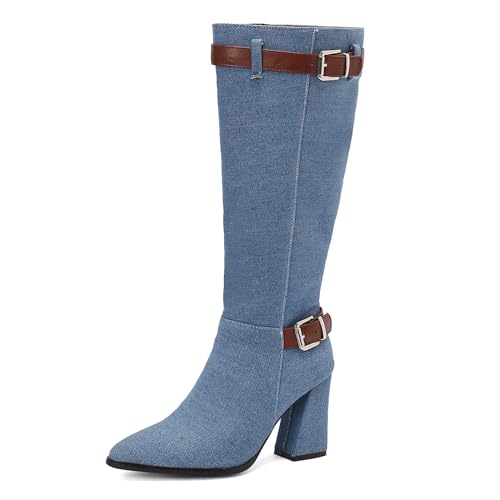 Lizoleor Blockabsatz Pointed Toe Side Reißverschluss Damen Denim Stiefel Concise Höhe Ferse Schnalle Herbst Winter Anzugstiefel Light-Blau Gr 37 EU/38Cn Lizoleor Blockabsatz Pointed Toe Side Reißverschluss Damen Denim Stiefel Concise Höhe Ferse Schnalle Herbst Winter Anzugstiefel Light-Blau Gr 37 EU/38Cn von Lizoleor