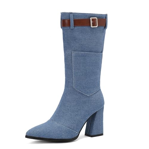 Lizoleor Blockabsatz Pointed Toe Side Reißverschluss Damen Denim Stiefel Concise Höhe Ferse Schnalle Herbst Winter Anzugstiefel Light-Blau Gr 48 EU/50Cn von Lizoleor