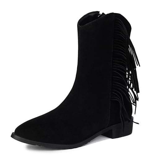 Lizoleor Blockabsatz Pointed Toe Side Reißverschluss Damen Fransen Stiefel Concise Wildleder Solid Color Komfort Low Mitte Absatz Herbst Stiefeletten Schwarz Gr 39 EU/40Cn von Lizoleor