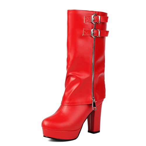 Lizoleor Blockabsatz Runde Zehen Knöchelbündchen Damen Hohe Stiefel Side Reißverschluss Schnalle Plateau Pleated Solid Color Riding Rot Gr 32 EU von Lizoleor