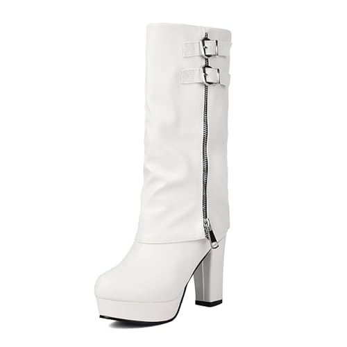 Lizoleor Blockabsatz Runde Zehen Knöchelbündchen Damen Hohe Stiefel Side Reißverschluss Schnalle Plateau Pleated Solid Color Riding Weiß Gr 40.5 EU/42Cn von Lizoleor