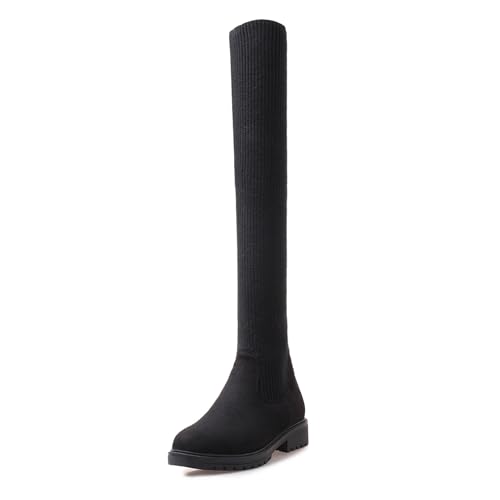 Lizoleor Blockabsatz Runde Zehen Ohne Verschluss Damen Long Stretch Stiefel Low Mitte Absatz Komfort Plateau Wildleder Strickented Splicing Overknees Schwarz Gr 34 EU von Lizoleor