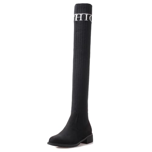 Lizoleor Blockabsatz Runde Zehen Ohne Verschluss Damen Long Stretch Stiefel Low Mitte Absatz Komfort Plateau Wildleder Strickented Splicing Overknees Schwarz Gr 40 EU/41Cn von Lizoleor