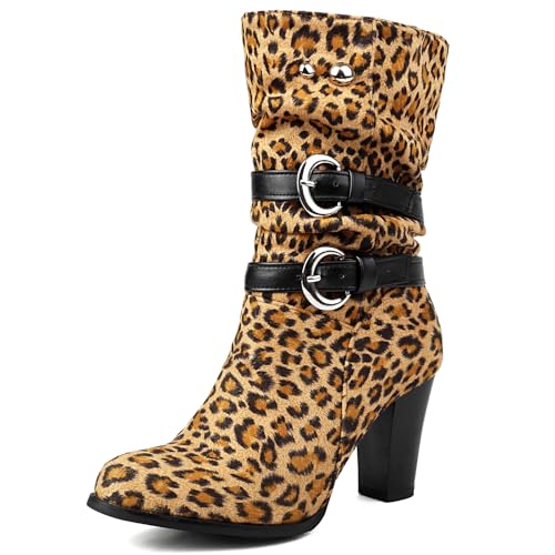 Lizoleor Blockabsatz Runde Zehen Ohne Verschluss Schnalle Damänner Mid Boots Höhe Ferse Mode Slouch Concise Half Reitstiefel Leopard Gr 38 EU/39Cn von Lizoleor