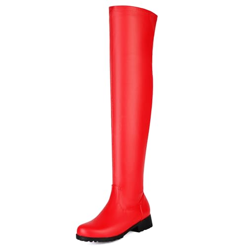 Lizoleor Blockabsatz Runde Zehen Solid Color Damen Stiefel Über Dem Knie Komfort Low Mitte Absatz Concise Long Stretch Stiefel Rot Gr 40 EU/41Cn von Lizoleor