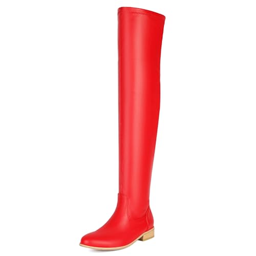 Lizoleor Blockabsatz Runde Zehen Solid Color Damen Stiefel Über Dem Knie Komfort Low Mitte Absatz Concise Long Stretch Stiefel Rot Gr 40 EU/41Cn von Lizoleor