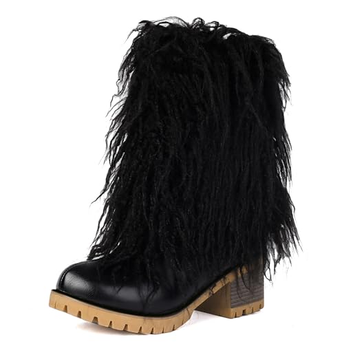 Lizoleor Blockabsatz Runde Zehen Warm Damen Halbschaft Schneestiefel Ohne Verschluss Plateau Komfort Mitte Absatz Stylish Winter Girl Stiefel Schwarz Gr 38 EU/39Cn von Lizoleor