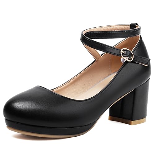 Lizoleor Blockabsatz Schnalle Plateau Runde Zehen Damen Pump Knöchelriemchen High Chunky Heel Leisure Sweet Bridal Pumps Schwarz Gr 36 EU von Lizoleor