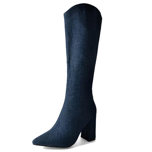 Lizoleor Blockabsatz Side Reißverschluss Pointed Toe Damen Knee Stiefel Höhe Ferse Mode Denim Solid Color Long Reitstiefel Darkblau-Dl Gr 41 EU/43Cn von Lizoleor
