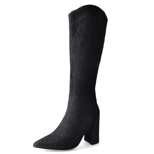 Lizoleor Blockabsatz Side Reißverschluss Pointed Toe Damen Knee Stiefel Höhe Ferse Mode Denim Solid Color Long Reitstiefel Schwarz-Dl Gr 37 EU/38Cn von Lizoleor