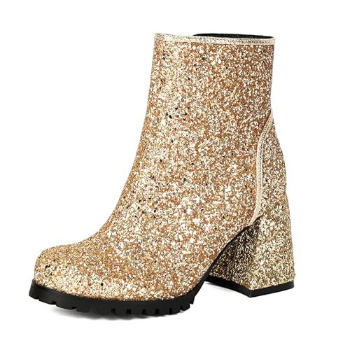 Lizoleor Blockabsatz Side Reißverschluss Runde Zehen Damen Stiefeletten Hochzeit High Chunky Heel Sweet Herbst Kurz Anzugstiefel Gold Gr 40.5 EU/42Cn von Lizoleor