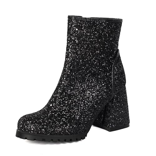 Lizoleor Blockabsatz Side Reißverschluss Runde Zehen Damen Stiefeletten Hochzeit High Chunky Heel Sweet Herbst Kurz Anzugstiefel Schwarz Gr 45 EU/47Cn von Lizoleor