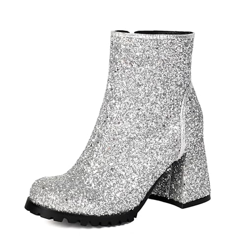 Lizoleor Blockabsatz Side Reißverschluss Runde Zehen Damen Stiefeletten Hochzeit High Chunky Heel Sweet Herbst Kurz Anzugstiefel Silber Gr 44 EU/46Cn von Lizoleor