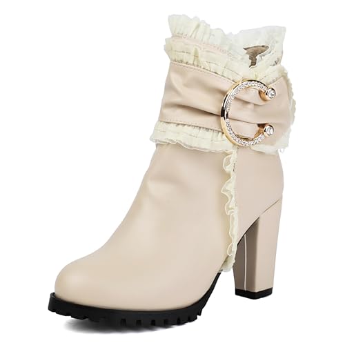 Lizoleor Blockabsatz Spitze Ruffles Side Reißverschluss Damen Stiefeletten Runde Zehen Sweet Bogen Höhe Ferse Plateau Kleid Stiefeletten Beige Gr 36 EU von Lizoleor
