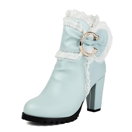 Lizoleor Blockabsatz Spitze Ruffles Side Reißverschluss Damen Stiefeletten Runde Zehen Sweet Bogen Höhe Ferse Plateau Kleid Stiefeletten Blau Gr 39 EU/40Cn von Lizoleor
