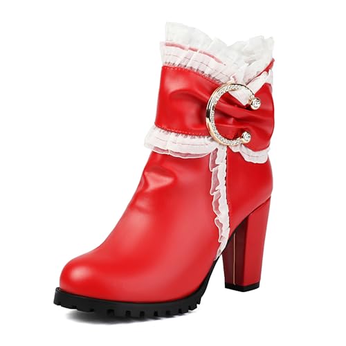 Lizoleor Blockabsatz Spitze Ruffles Side Reißverschluss Damen Stiefeletten Runde Zehen Sweet Bogen Höhe Ferse Plateau Kleid Stiefeletten Rot Gr 33 EU von Lizoleor