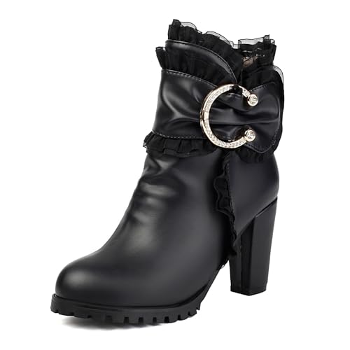 Lizoleor Blockabsatz Spitze Ruffles Side Reißverschluss Damen Stiefeletten Runde Zehen Sweet Bogen Höhe Ferse Plateau Kleid Stiefeletten Schwarz Gr 33 EU von Lizoleor