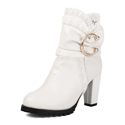 Lizoleor Blockabsatz Spitze Ruffles Side Reißverschluss Damen Stiefeletten Runde Zehen Sweet Bogen Höhe Ferse Plateau Kleid Stiefeletten Weiß Gr 40 EU/41Cn von Lizoleor
