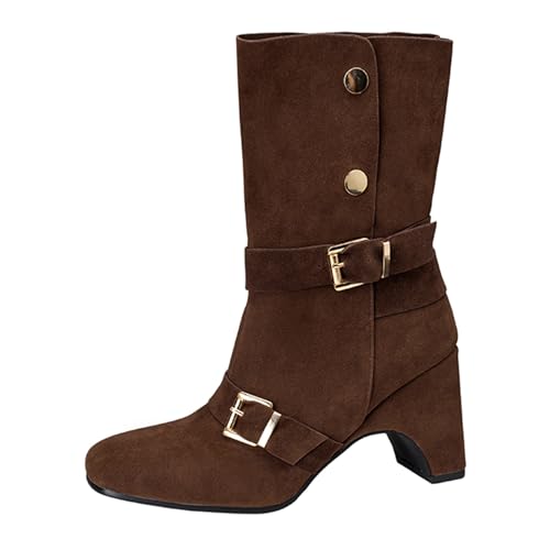 Lizoleor Blockabsatz Square Toe Buttons Damen Stiefeletten Knöchelbündchen Schnalle Weit Fit Concise Wildleder Solid Color Stiefeletten Braun Gr 44 EU/46Cn von Lizoleor