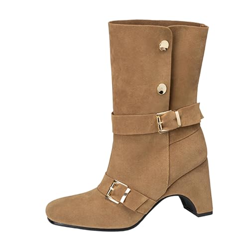 Lizoleor Blockabsatz Square Toe Buttons Damen Stiefeletten Knöchelbündchen Schnalle Weit Fit Concise Wildleder Solid Color Stiefeletten Khaki Gr 42 EU/44Cn von Lizoleor