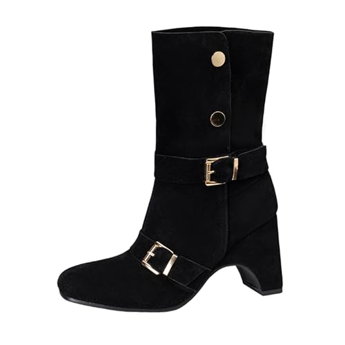 Lizoleor Blockabsatz Square Toe Buttons Damen Stiefeletten Knöchelbündchen Schnalle Weit Fit Concise Wildleder Solid Color Stiefeletten Schwarz Gr 44 EU/46Cn von Lizoleor