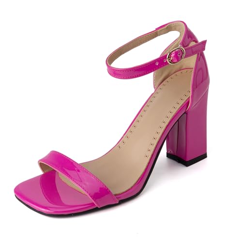 Lizoleor Blockabsatz Square Toe Lack Knöchelriemchen Damensandalen Schnalle Weit Fit Sommer Business Offene Zeh Party Rose-Rot Gr 44 EU/46Cn von Lizoleor