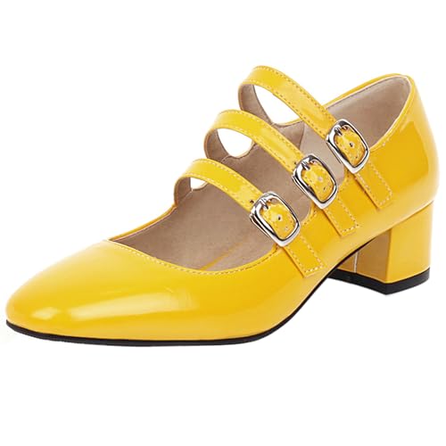 Lizoleor Blockabsatz Square Toe Mary Jane Knöchelriemchen Damen Schuhe Weit Fit Schnalle Sweet Lack Solid Color Girl Schuluniform Schuhe Gelb Gr 36.5 EU/37Cn von Lizoleor