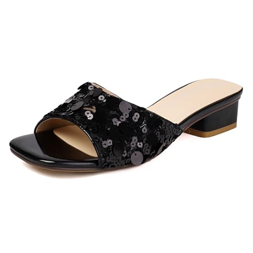 Lizoleor Blockabsatz Square Toe Mules Ohne Verschluss Damen Pantoffeln Mode Draußen Offene Zeh Sommer Kleid Hausschuhe Pantoffeln Pailletten Schwarz Gr 41 EU/43Cn von Lizoleor