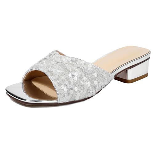 Lizoleor Blockabsatz Square Toe Mules Ohne Verschluss Damen Pantoffeln Mode Draußen Offene Zeh Sommer Kleid Hausschuhe Pantoffeln Pailletten Silber Gr 41 EU/43Cn von Lizoleor