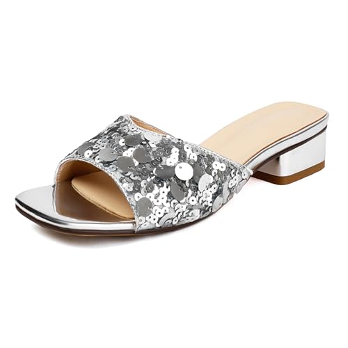 Lizoleor Blockabsatz Square Toe Mules Ohne Verschluss Damen Pantoffeln Mode Draußen Offene Zeh Sommer Kleid Hausschuhe Pantoffeln Pailletten Silber Gr 45 EU/47Cn von Lizoleor