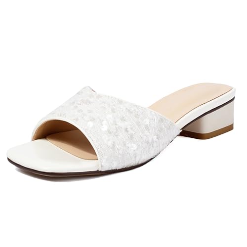 Lizoleor Blockabsatz Square Toe Mules Ohne Verschluss Damen Pantoffeln Mode Draußen Offene Zeh Sommer Kleid Hausschuhe Pantoffeln Pailletten Weiß Gr 32 EU von Lizoleor