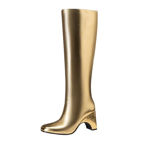 Lizoleor Blockabsatz Square Toe Ohne Verschluss Damen Knee Hohe Stiefel Weit Fit Warm Fell Denim Shiny Hochzeit Anzugstiefel Gold Gr 40.5 EU/42Cn von Lizoleor