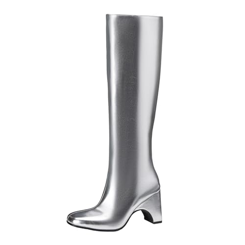 Lizoleor Blockabsatz Square Toe Ohne Verschluss Damen Knee Hohe Stiefel Weit Fit Warm Fell Denim Shiny Hochzeit Anzugstiefel Silber Gr 46 EU/48Cn von Lizoleor