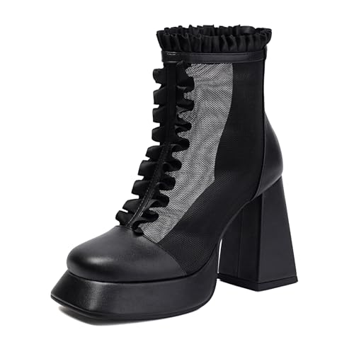 Lizoleor Blockabsatz Square Toe Plateau Damen Sommer Mesh Boots Back Reißverschluss Sweet Ruffles Weit Fit Elegant Atmungsaktiv Sandals Schwarz Gr 38 EU/39Cn von Lizoleor