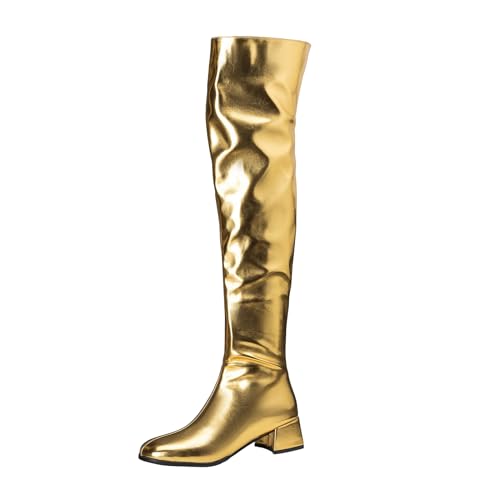 Lizoleor Blockabsatz Square Toe Side Reißverschluss Damen Overknee Stiefel Elegant Shiny Lack Komfort Mitte Absatz Abend Show Stiefel Gold Gr 38 EU/39Cn von Lizoleor