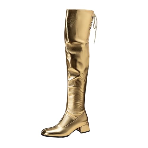 Lizoleor Blockabsatz Square Toe Side Reißverschluss Damen Overknee Stiefel Elegant Shiny Lack Komfort Mitte Absatz Abend Show Stiefel Gold Gr 38 EU/39Cn von Lizoleor