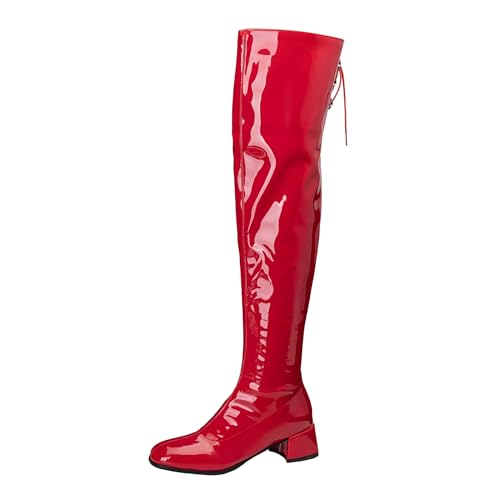 Lizoleor Blockabsatz Square Toe Side Reißverschluss Damen Overknee Stiefel Elegant Shiny Lack Komfort Mitte Absatz Abend Show Stiefel Rot Gr 32 EU von Lizoleor