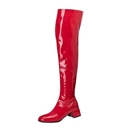 Lizoleor Blockabsatz Square Toe Side Reißverschluss Damen Overknee Stiefel Elegant Shiny Lack Komfort Mitte Absatz Abend Show Stiefel Rot Gr 35 EU von Lizoleor
