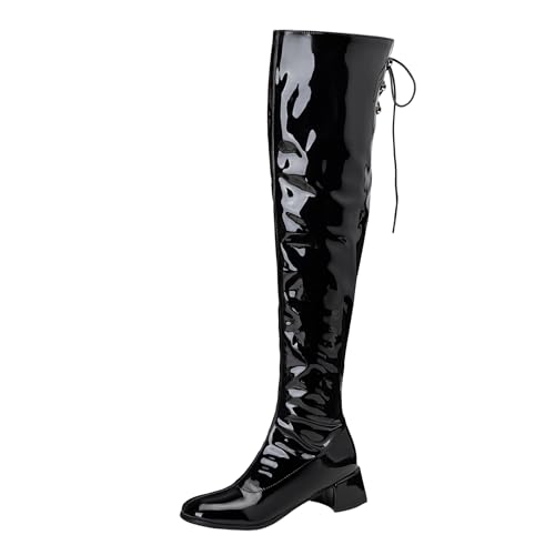 Lizoleor Blockabsatz Square Toe Side Reißverschluss Damen Overknee Stiefel Elegant Shiny Lack Komfort Mitte Absatz Abend Show Stiefel Schwarz Gr 42 EU/44Cn von Lizoleor