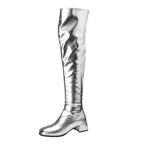Lizoleor Blockabsatz Square Toe Side Reißverschluss Damen Overknee Stiefel Elegant Shiny Lack Komfort Mitte Absatz Abend Show Stiefel Silber Gr 36 EU von Lizoleor