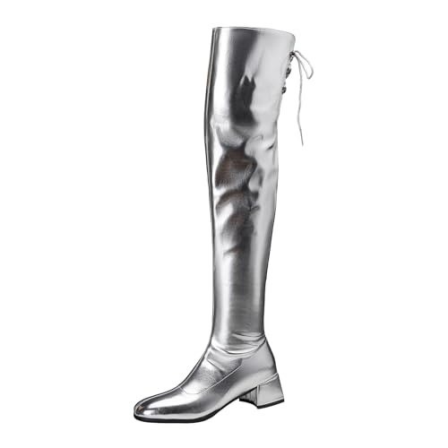 Lizoleor Blockabsatz Square Toe Side Reißverschluss Damen Overknee Stiefel Elegant Shiny Lack Komfort Mitte Absatz Abend Show Stiefel Silber Gr 38 EU/39Cn von Lizoleor
