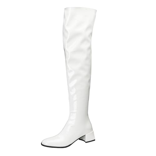 Lizoleor Blockabsatz Square Toe Side Reißverschluss Damen Overknee Stiefel Elegant Shiny Lack Komfort Mitte Absatz Abend Show Stiefel Weiß Gr 42 EU/44Cn von Lizoleor