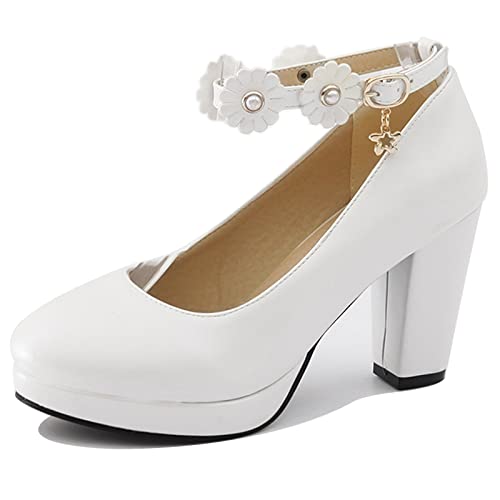 Lizoleor Bride Blumes Knöchelriemchen Hochzeit Blockabsatz Pumps Closed Toe Damen Mary Jane Höhe Ferse Plateau Pumps Kleid Weiß Gr 38 EU/39Cn von Lizoleor