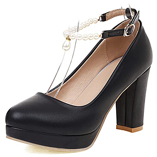 Lizoleor Bride Hochzeit Blockabsatz Knöchelriemchen Kleid Plateau Beaded Pumps Runde Zehen Damen Höhe Ferse Party Formal Mary Jane Schuhe Schwarz Gr 37 EU/38Cn von Lizoleor