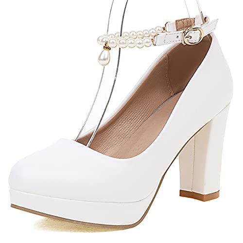 Lizoleor Bride Hochzeit Blockabsatz Knöchelriemchen Kleid Plateau Beaded Pumps Runde Zehen Damen Höhe Ferse Party Formal Mary Jane Schuhe Weiß Gr 36.5 EU/37Cn von Lizoleor