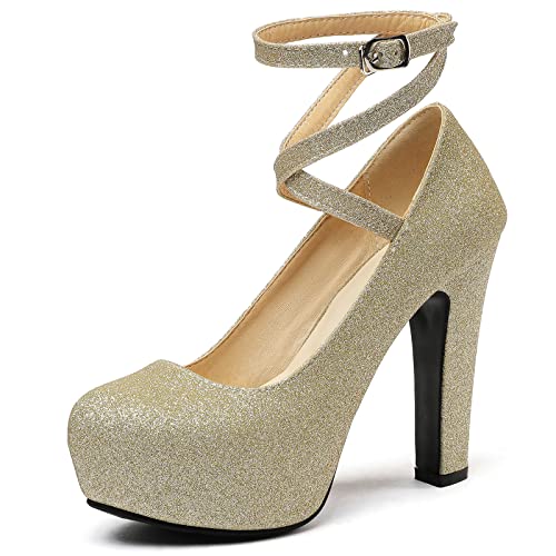 Lizoleor Bride Hochzeit Höhe Ferse Knöchelriemchen Glitzer Plateau Schuhe Schnalle Elegant Damen Blockabsatz Pumps Party Mode Gold Gr 38 EU/39Cn von Lizoleor
